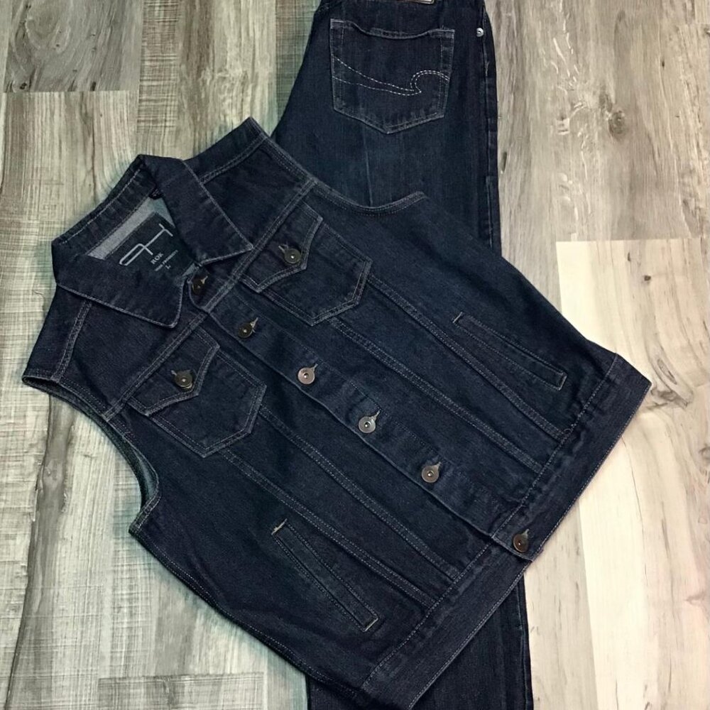 Y2K ROK Belted Jeans Vest Mens 34x32 Denim Dark Straight Leg Streetwear Hip Hop